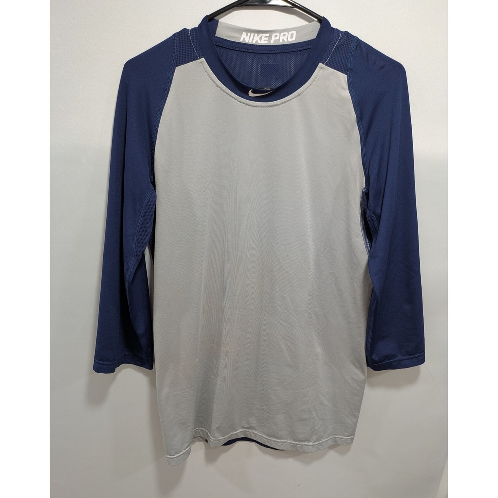Mens Nike Pro Dri-Fit Gray Blue 3/4 Sleeve Pullover Baseball T-Shirt Size Small